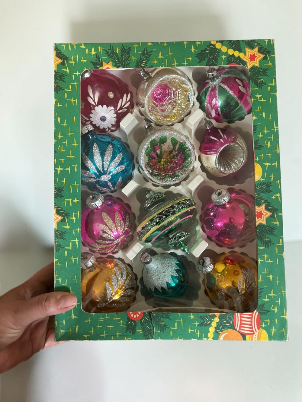 Vintage Poland Glass Christmas Ornaments Set 12 Indent Reflector MCM Boxed
